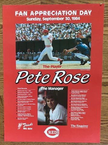 Reds Fan Appreciation Day, Pete Rose, Sept 4, 1984 Poster with Career Highlights Cover