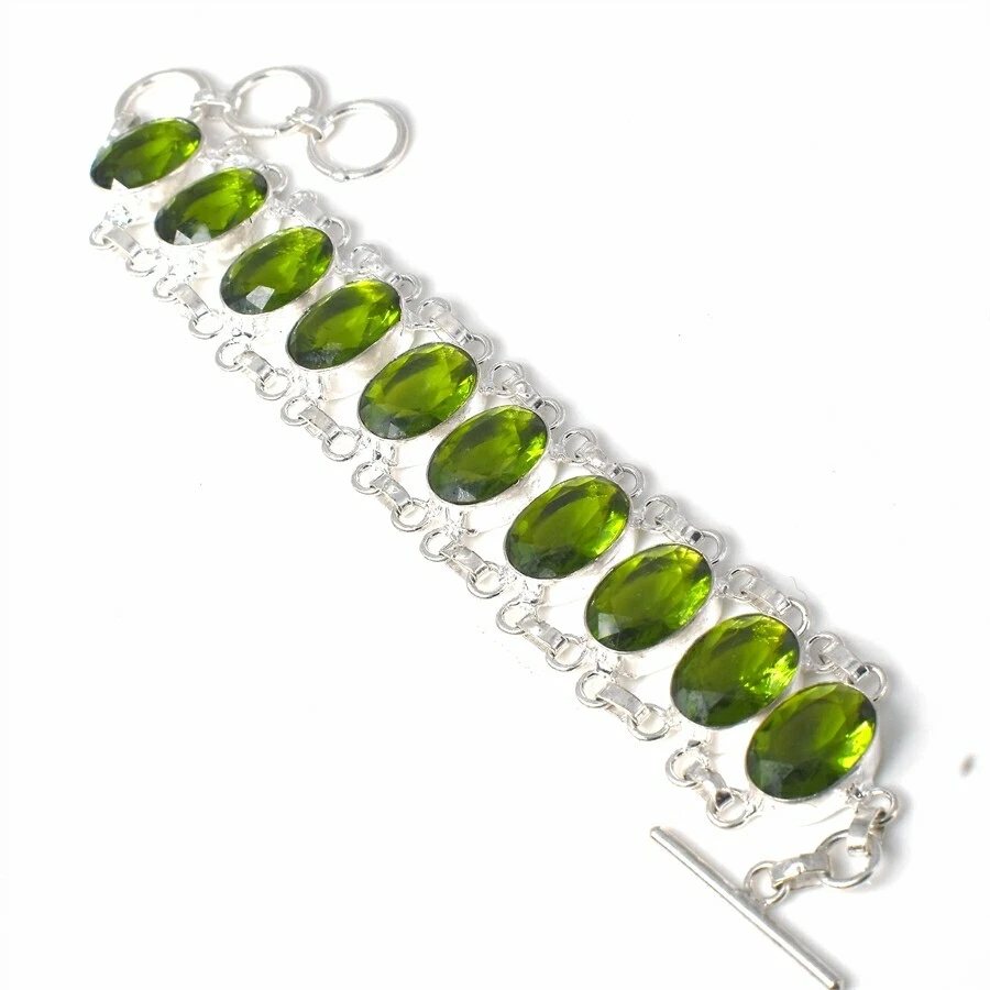 Green Peridot Gemstone Handmade 925 Sterling Silver Jewelry Bracelet Sz 7-8" - Image 1 of 1