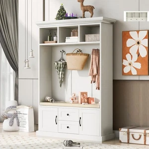 Hall Tree with 3 Hooks Coat Hanger Entryway Storage Bench 3-in-1 Design - Picture 1 of 12