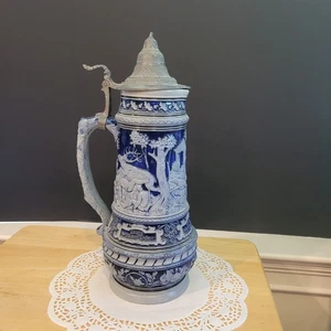Vintage Blue Large German Porcelain and Pewter Beer Stein w/lid - Picture 1 of 14