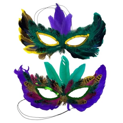 Multicolor  2 Feather Masquerade Ball Mardi Gras Halloween Mask Costume A18G - Image 1 of 4
