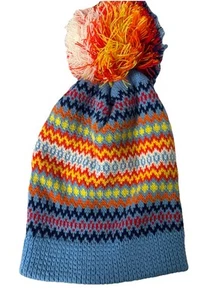 Vintage Wigwam Wintuk Dove Print Geometric Winter Ski Knit Beanie Hat PomPom USA - Picture 1 of 5