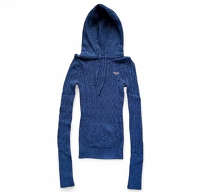Rare Hollister Y2K Cable Knit Long Hoodie Sweater Navy Gr. S Rabbit Hair Blend - Bild 1 von 19