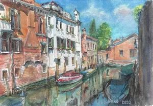 original painting 18 x 25 cm 61DdO artwork watercolor venetian canal cityscape - Picture 1 of 1