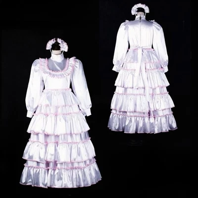 Vestido de satén blanco bloqueable Sissy para niña de criada cosplay disfraces unisex hechos a medida Foto 1 de 4