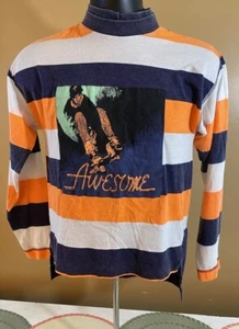 Vintage TG Y2K Awesome Skateboarding Print Striped Long sleeve Shirt Sz L 16/18 - Picture 1 of 14