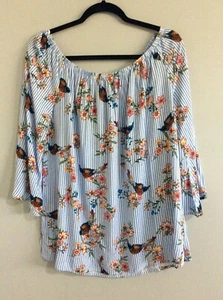 BEME Striped floral and bird print off the shoulder 3/4 sleeve top Sz 14 NWTS - Picture 1 of 4