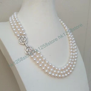 Classic 3Rows Strand 6-7mm Round AAA+Akoya White Real Pearl Necklace 17" 18" 19" - Picture 1 of 6