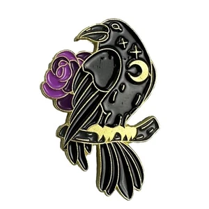Gothic Black Raven Purple Rose Moon Bird Lapel Pin Ravencore Whimsigoth Witchy - Picture 1 of 3