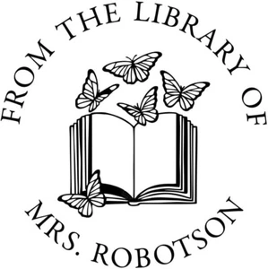Personalisierter Bibliothekspräger - individueller Name, Schmetterling und Buchdesign - rund - Bild 1 von 3