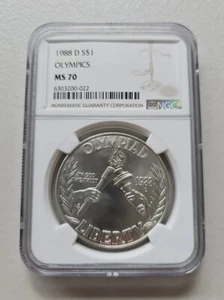 1988 D $1 Silver NGC MS70 Olympics Dollar 90% Coin Cert# 6303200-022 - Picture 1 of 8