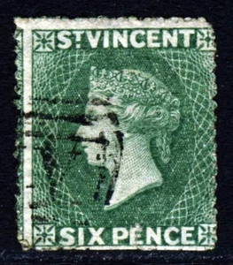 ST. VINCENT QV 1861 Six Pence Deep Yellow-Green No Wmk Rough Perf 16 SG 2 VFU - Picture 1 of 2