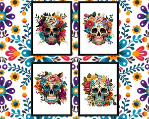 Colorful Sugar Skulls Mexican Wall Decor Mailed Prints Set of 4 Gallery Wall Art - Picture 1 of 6