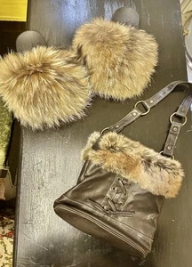 Y2k Bundle Vintage Lace Up Corset Faux Fur Trim Purse & Faux Fur Slides Set - Picture 1 of 13