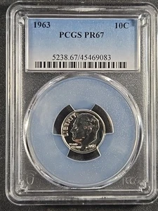 Moneda de diez centavos Roosevelt 1963 EE. UU. - prueba 67 - PR67 (PCGS) stk #9083 - Imagen 1 de 9
