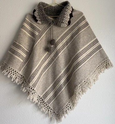 Wool Poncho Cape Fringe Handmade Vintage Crochet Hippie Boho Lagenlook Sz: L - Image 1 of 4