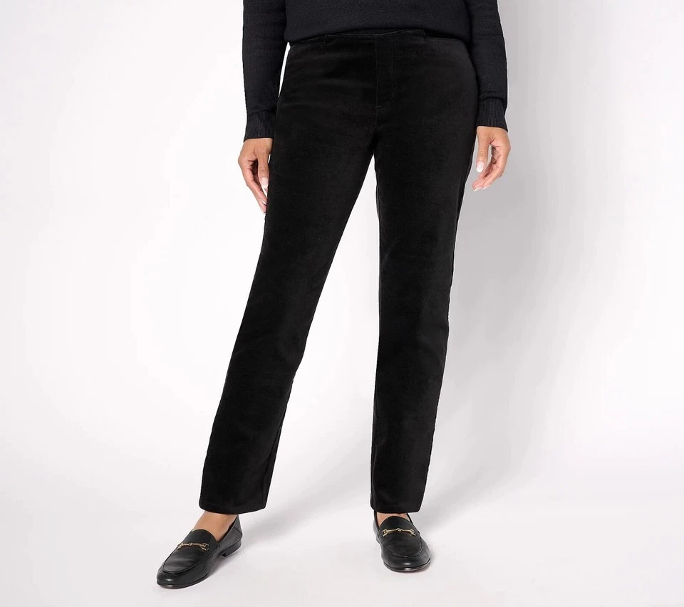 Denim & Co. Petite Stretch Velvet Straight Leg Pull On Pants Black L New - Image 1 of 1