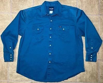 Vintage Wrangler Mens XXL Teal Brush Popper Thick Pearl Snap Long Sleeve Shirt - Image 1 of 4