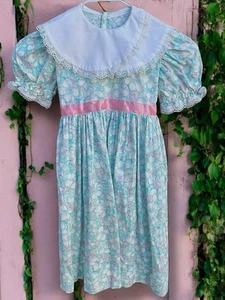 Vintage Handmade Collared Dress Girls Sz 5/6 ? Pink Ribbon Teal Floral - Picture 1 of 4