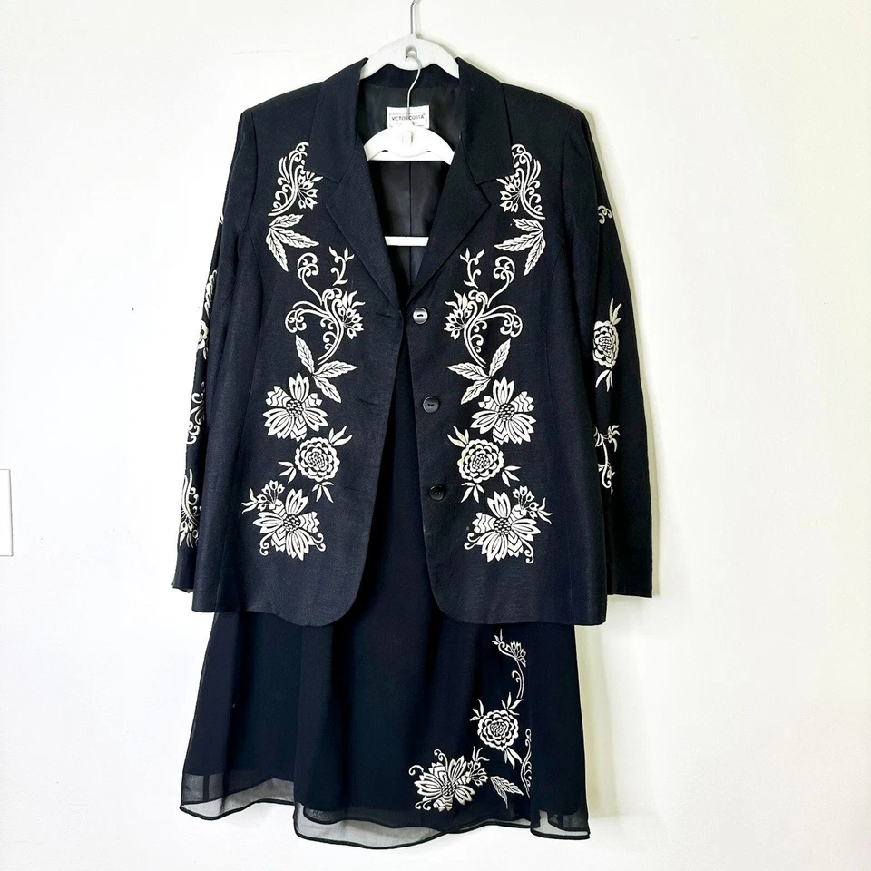 Traje Victor Costa Ocassion Mujer L Negro Bordado Falda Blazer Lino Seda De Colección Foto 1 de 4