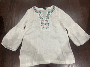 Talbots Damen bestickt Fisch Leinen Tunika Größe Small Strand Küste Cowgirl weiß - Bild 1 von 9