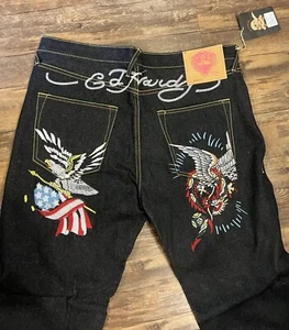 NWT Ed Hardy Jeans 40x35 Black Christian Audigier Baggy Y2K Street Wear - Picture 1 of 7
