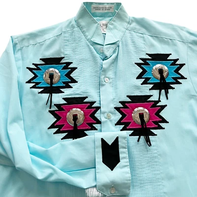 Vtg Moda Bianco Western Button Down Shirt Tuxedo Embroidered Concho Teal Sz S - Image 1 of 4