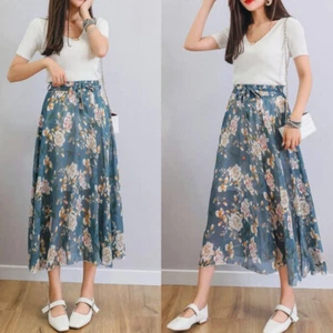 Midi Skirt Chiffon Floral Printed Half Dress Beach Pleated A-line Double Layer - Picture 1 of 13