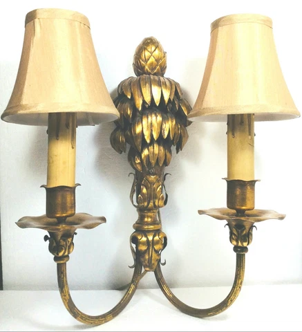 Antique Double Electric Sconce Gilt Carved Wood Pineapple Metal 1920s-1940s Cover