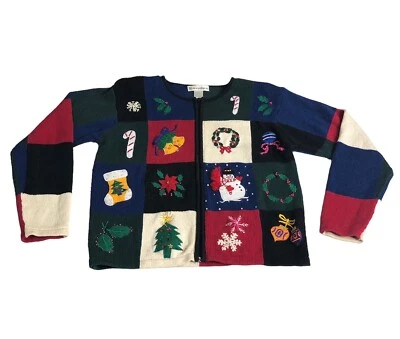 Винтажный Dressbarn кардиган свитер женщин L Рождество вязаный вышитый блестками молнии - Изображение 1 из 4