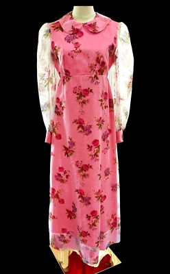 Vintage Pink Floral Sheer Chiffon Overlay Maxi Dress Prom Feminine Cottagecore - Image 1 of 4