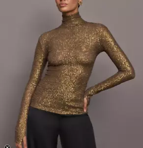 NORMA KAMALI Slim Fit Long Sleeve Turtle Top In Bronze sz XS NWT mspr 250 sequin - Picture 1 of 9