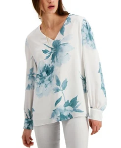 Camicia top floreale Alfani manica lunga media collo a V da lavoro pintuck spalla - Foto 1 di 8