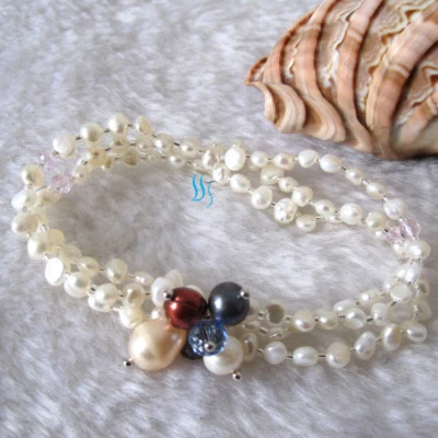 Brazalete elástico barroco de 7" 3-4 mm 3 filas de perlas de agua dulce——MÁS COLORES Foto 1 de 4