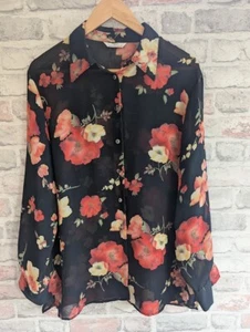 St Michael Sheer Floral Blouse Size UK 14 Black Long Sleeves Vintage M&S - Picture 1 of 9