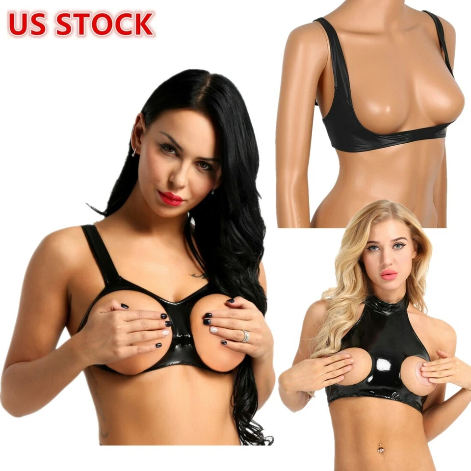 Women Lingerie Faux Leather Open Cup Bra Unlined Bralette Crop Tops Clubwear - Image 1 of 1
