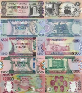 Guyana 5 PCS Set: 20 to 2000 Dollars (2019-2021) - p30g,p36c,p37b,p39b,p-New UNC - Picture 1 of 6