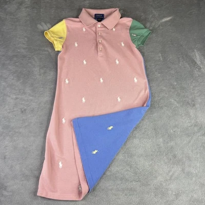 Polo Ralph Lauren Dress Girls Medium Pink Blue Colorblock Polo Shirt Embroidered - Image 1 of 4