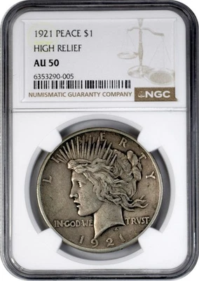 1921 年高救济和平银币 1 美元 NGC AU50 关于未流通 — 第 1/3 张图片