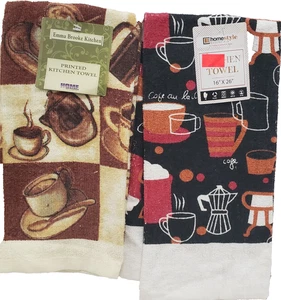 Set of 2 Different Kitchen Terry Towels (15"x25") MULTICOLOR COFFEE CUPS,HD & HS - Picture 1 of 13