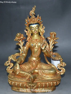 Tíbet Bronce Dorado 24K Oro Flor Verde Tara Mahayana Budismo Diosa Estatua Foto 1 de 4