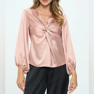 Renee C Stretch Satin V neck Top with Front Twist Blouse Pink Long Sleeve Sz M - Picture 1 of 14