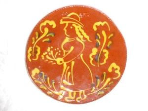 Ned Foltz Pottery Redware Stylized Folk Art Woman Holding Flowers Plate, 1987 - Picture 1 of 3