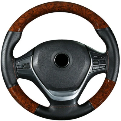 Juego completo de cubierta de volante de coche hágalo usted mismo madera de melocotón cuero 38 cm con rosca de aguja Foto 1 de 4