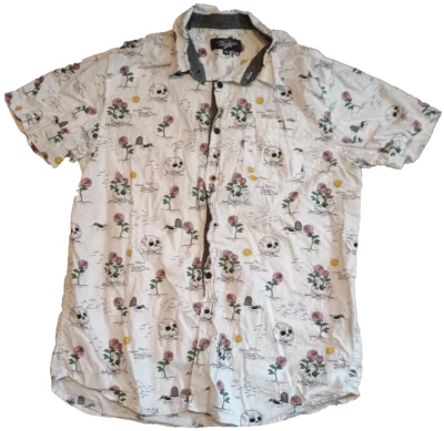 Eighty Eight Hawaiian Shirt Mens Large White Skull Rose Short Sleeve Button Up - Image 1 of 4