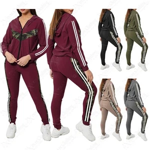 DAMEN 2-TEILIG CAMOUFLAGE STREIFEN TRAININGSANZUG DAMEN KAPUZE REISSVERSCHLUSS OBERTEIL LEGGINGS LOUNGEWEAR - Bild 1 von 11