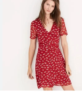 Madewell Minikleid Damen Gr. 4 rot Blumen Faux Wickeloptik zierlich feminin - Bild 1 von 15