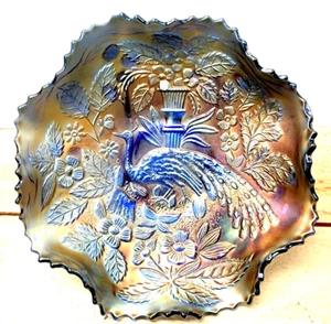 VINTAGE 8 1/2 IN, RUFFLED PEACOCK CARNIVAL GLASS BOWL. - Picture 1 of 2