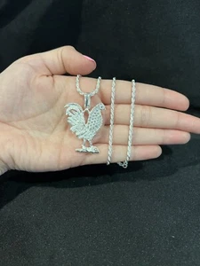 925 Sterling Silver Men CZ Rooster Chicken Gallo Pendant & Rope Chain 20 24 30 - Picture 1 of 6