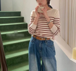 Ladies Stripe Knitted Sweater Jumper Womens Tops Lightweight Pullover Cardigans - Picture 1 of 19